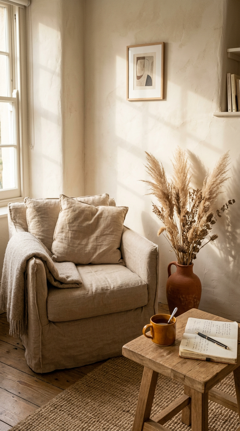 Fauteuil en lin baigné de lumière douce dans un intérieur chaleureux aux tons terracotta, créant une atmosphère d'écoute apaisante